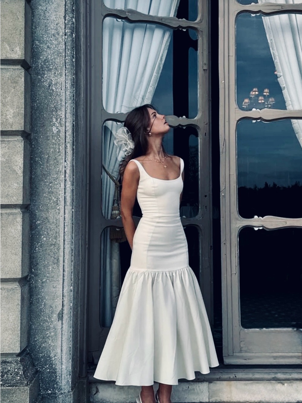 Classic White Drop Waist Maxi Dress with Scoop Neck and Low Back - Picture 10 of 11